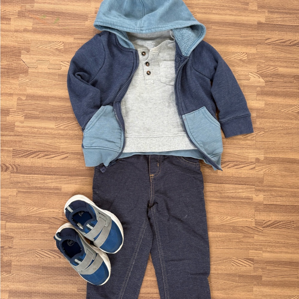 Toddler Outfit - soft blue Jean pants, knitted shirt, zip up hoodie, shoes
